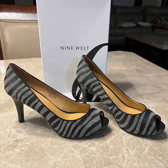 Nine West Shoes - Nine West black and gray striped open toe pumps. Size 7.5. New in box.